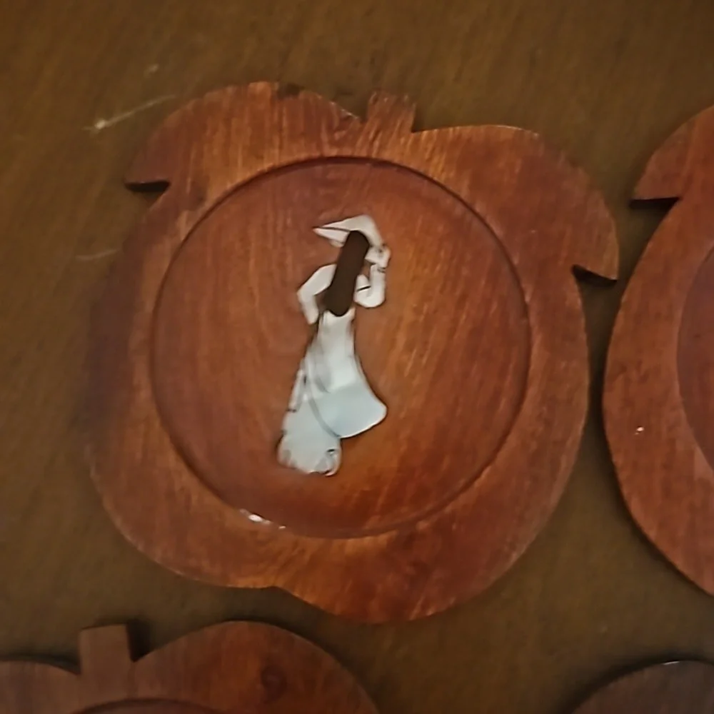 Vintage 1960s Set of Six Mother of Pearl Japanese Lady Floral Coaster Set